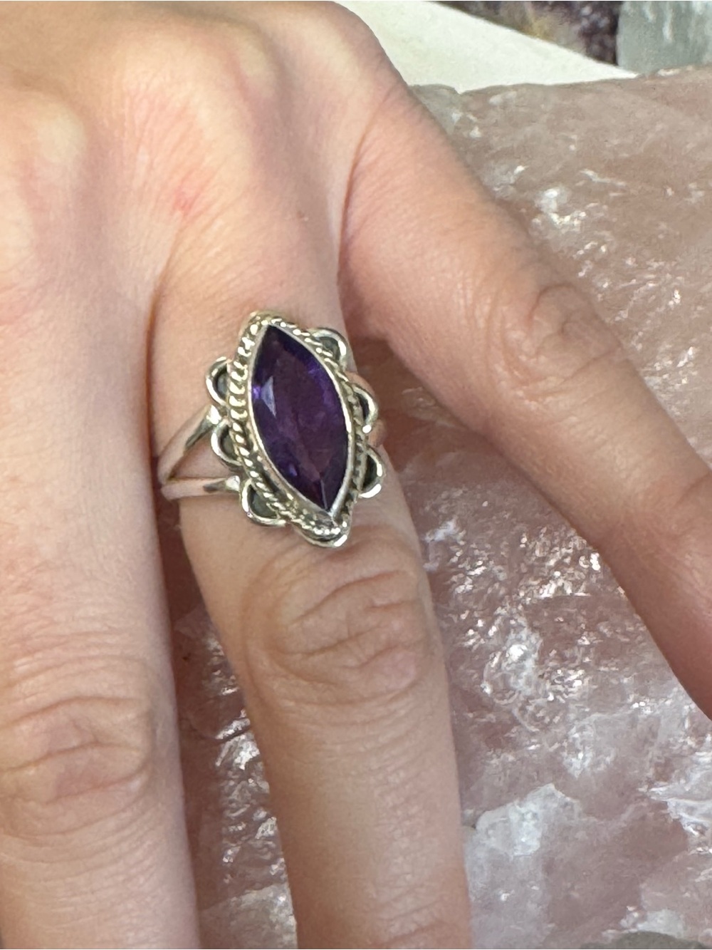 Sterling Silver Marquise Amethyst Ring - Purple Gemstone Size 6